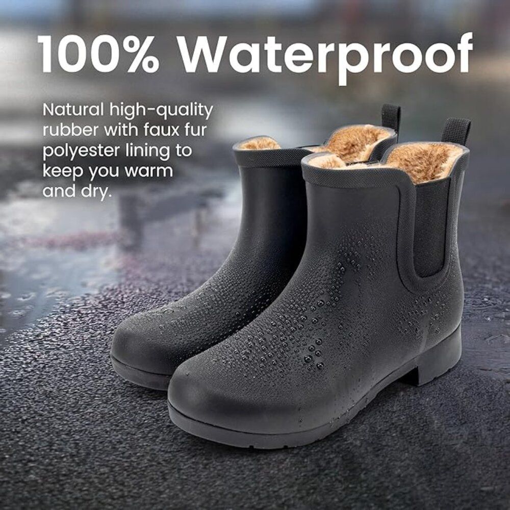 Waterproof Chelsea Rain Boots Plush Lined Slip On Ankle Boots